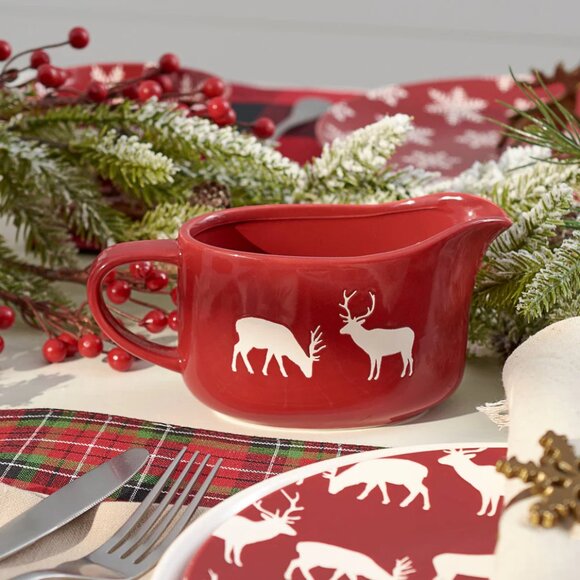 Primitives by Kathy Deer Gravy Boat ~ Red/White ~ NWT - Picture 1 of 5